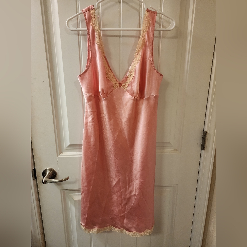Victoria’s Secret Satin Slip Dress – Pink Lace Trim Nightgown Size L